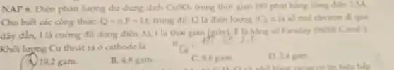 NAP 6. Điện phân lượng dư dung dịch CuSO_(4) trong thời gian 193 phút bằng dòng điện 25A
Cho biết các công thức: Q=ncdot F=Icdot t, trong đó: Q là điện lượng (C) n là số mol electron di qua
dây dẫn, I là cường độ dòng điện A), t là thời gian (giây), F là hằng số Faraday
(96500C.mol^-1)
Khối lượng Cu thoát ra ở cathode là
A. 19,2 gam.
B. 4,8 gam.
C. 9,6 gam.
D. 2,4 gam