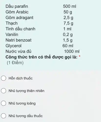 Natri benzoat	1,5 g
Glycerol	60 ml
Nước vừa đủ	1000 ml
Công thức trên có thể được gọi là:
(1 Điểm)
Hỗn dịch thuốc
Nhũ tương thiên nhiên
Nhũ tương loãng
Nhũ tương dầu thuốc