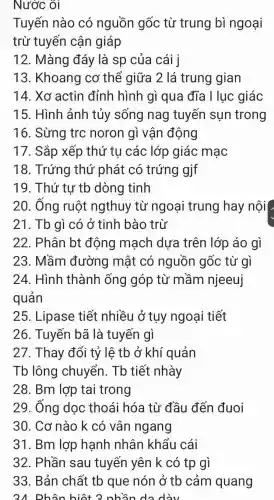 Nước ôi
Tuyến nào có nguồn gốc từ trung bì ngoại
trừ tuyến cận giáp
12. Màng đáy là sp của cái j
13. Khoang cơ thể giữa 2 lá trung gian
14. Xơ actin đỉnh hình gì qua đĩa l luc giác
15. Hình ảnh tủy sống nag tuyến sụn trong
16. Sừng trc noron gì vận động
17. Sắp xếp thứ tụ các lớp giác mạc
18. Trứng thứ phát có trứng gjf
19. Thứ tư tb dòng tinh
20. Ống ruột ngthuy từ ngoại trung hay nội
21. Tb gì có ở tinh bào trừ
22. Phân bt động mạch dựa trên lớp áo gì
23. Mầm đường mật có nguồn gốc từ gì
24. Hình thành ống góp từ mầm njeeuj
quản
25. Lipase tiết nhiều ở tụy ngoại tiết
26. Tuyến bã là tuyến gì
27. Thay đổi tỷ lệ tb ở khí quản
Tb lông chuyển. Tb tiết nhày
28. Bm lợp tai trong
29. Ống doc thoái hóa từ đầu đến đuoi
30. Cơ nào k có vân ngang
31. Bm lợp hạnh nhân khẩu cái
32. Phần sau tuyến yên k có tp gì
33. Bản chất tb que nón ở tb cảm quang
21 Phân hiệt 2 nhần do div