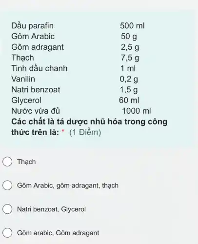 Nước vừa đủ	1000 ml
Các chất là tá dược nhũ hóa trong công
thức trên là:(1 Điểm)
Thạch
Gôm Arabic, gôm adragant, thạch
Natri benzoat,Glycerol
Gôm arabic, Gôm adragant