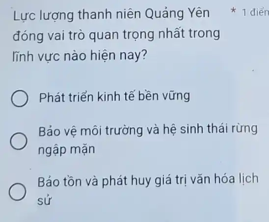 đóng vai trò quan trọng nhất trong
lĩnh vực nào hiện nay?
Phát triển kinh tế bền vững
Bảo vệ môi trường và hệ sinh thái rừng
ngập mặn
Bảo tồn và phát huy giá trị vǎn hóa lich
sử
Lực lượng thanh niên Quảng Yên 1 điển