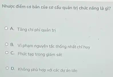 Nhược điếm cơ bản của cơ cấu quán trị chức nǎng là gì?
A. Tǎng chi phí quản trị
B. Vi phạm nguyên tắc thống nhất chỉ huy
C. Phức tap trong giám sát
D. Không phủ hợp với các dưán lớn