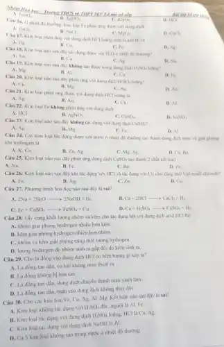 Nhóm Hón học-Truning THCS và THPT M,V Lô mô nô xôp
C. KNO_(3).
Câu 16. Onhiet độ thường, kim loại Fe phàn ứng được với dung dịch
D. HCI.
A. FeCl_(2)
B. NaCl.
C. MgCl_(2)
D. CuCl_(2)
A. FeSO_(4)
B. AgNO_(3)
Câu 17. Kim loại phản ứng với dung dịch HCl loãng sinh ra khi
H_(2) là
A. Hg.
B. Cu.
D. Ag
Câu 18. Kim loại nào sau đây tác dụng được với
H_(2)O ở nhiệt độ thường?
C. Fe.
A. Au.
B. Cu.
C. Ag.
D. Na
Câu 19. Kim loại nào sau đây không tan được trong dung dịch
H_(2)SO_(4) loãng?
A. Mg.
B. Al.
C. Cu.
D. Fe.
Câu 20. Kim loại nào sau đây phản ứng với dung dịch
H_(2)SO_(4) loãng?
A. Cu.
B. Mg.
C. Ag
D. Au.
Câu 21. Kim loại phản ứng được với dung dịch HCl loãng là
A. Ag.
B. Au.
C. Cu
D. Al
Câu 22. Kim loại Fe không phản ứng với dung dịch
A. HCI.
B. AgNO_(3)
C. CuSO_(4)
D. NaNO_(3)
Câu 23. Kim loại nào sau đây không tác dụng với dung dịch CuSO_(4)
A. Ag.
B. Mg.
C. Fe.
D. Al.
Câu 24. Các kim loại tác dụng được với nước ở nhiệt độ thường tạo thành dung dịch base và giải phóng
khí hydrogen là
A. K,Ca
B. Zn, Ag
C. Mg. Ag.
D. Cu, Ba
Câu 25. Kim loại nào sau đây phản ứng dung dịch CuSO_(4) tạo thành 2 chất kết tủa?
A. Na.
B. Fe.
C. Ba.
D. Zn.
Câu 26. Kim loại nào sau đây khi tác dụng với HCl và tác dụng với Cl_(2) cho cùng một loại muối chloride?
A. Fe.
B. Ag.
C.Zn.
D. Cu.
Câu 27. Phương trình hóa học nào sau đây là sai?
A. 2Na+2H_(2)Oarrow 2NaOH+H_(2)
B. Ca+2HClarrow CaCl_(2)+H_(2)
C. Fe+CuSO_(4)arrow FeSO_(4)+Cu
D. Cu+H_(2)SO_(4)arrow CuSO_(4)+H_(2).
Câu 28. Lấy cùng khối lượng nhôm và kẽm cho tác dụng hết với dung dịch acid HCl thì
A. nhôm giải phóng hydrogen nhiều hơn kẽm.
B. kẽm giải phóng hydrogen nhiều hơn nhôm.
C. nhôm và kẽm giải phóng cùng một lượng hydrogen.
D. lượng hydrogen do nhôm sinh ra gấp đôi do kẽm sinh ra.
Câu 29. Cho lá đồng vào dung dịch HCl có hiện tượng gi xảy ra?
A. Lá đồng tan dần, có khí không màu thoát ra.
B. Lá đồng không bị hòa tan.
C. Lá đồng tan dần, dung dịch chuyển thành màu xanh lam.
D. Lá đồng tan dần, màu của dung dịch không thay đổi.
Câu 30. Cho các kim loại Fe, Cu,Ag. Al. Mg. Kết luận nào sau đây là sai?
A. Kim loại không tác dụng với
H_(2)SO_(4) đặc, nguội là Al.Fe.
B. Kim loại tác dụng với dung dịch
H_(2)SO_(4) loãng. HCl là Cu, Ag.
C. Kim loại tác dụng với dung dịch NaOH là Al.
D. Cà 5 kim loại không tan trong nước ở nhiệt độ thường.