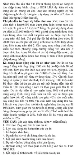 Nhận thấy nhu cầu nhà ở to lớn từ những người lao động có
thu nhập trung bình,công ty BĐS LHA dự kiến sẽ xây
dựng dự án chung cư cho thuê cho những người có thu
nhập trung bình với thời gian xây dựng dự kiến là 2 nǎm và
khai thác trong 3 tiếp theo đó.
Chi phí đầu tư được dự kiến như sau: Việc mua đất với
diện tích 1 ha(10.000 m2) được thực hiện trong nǎm đầu
tiên với chi phí là 1.5triunderset (.)(hat (e))u/m2 Tổng chi phí xây dựng được
dự kiến là 20 .000 triệu với 40%  giá trị công trình được thực
hiện trong nǎm thứ nhất và phần còn lại được thực hiện
trong nǎm thứ hai.Chi phí lắp đặt hệ thống điện nước là
2000 triệu và chi phí vật dụng sinh hoạt là 2000 triệu được
thực hiện trong nǎm thứ 2. Các hạng mục công trình được
khẩu hao theo phương pháp đường thǎng với khu nhà ở
được khẩu hao trong 10 nǎm và các hệ thống điện nước , vật
dụng sinh hoạt được khấu hao trong 5 nǎm. (Theo phương
pháp đường thẳng).
Kế hoạch hoạt động của dự án như sau: Dự án sẽ xây
dựng 5 tầng với tổng cộng 1000 cǎn hộ có diện tích 30 m2
mỗi cǎn. Đơn giá cho thuê của tầng trệt là 60.000/m2 . Các
tầng trên thì đơn giá giảm dần 5000/m2 cho mỗi tầng. Sau
hai nǎm giá thuê mỗi tầng sẽ được tǎng 10% . Chi phí hoạt
động và quản ly hành chính dự kiến khoảng 1000triunderset (.)(hat (e))u/ncheck (a)m
Để thực hiện thì dự án cần dự trữ một lượng tiền mặt tối
thiểu là 150 triệu đồng / nǎm và thời gian phải thu là 30
ngày. Dự án dự kiến sẽ vay ngân hàng 50%  chi phí xây
dựng công trình trong mỗi nǎm và vốn vay sẽ được giải
ngân theo tiến độ công trình bao gồm 40%  vào cuối nǎm
xây dựng đầu tiên và 60%  vào cuối nǎm xây dựng thứ hai.
Lãi suất vay được chào mời từ các ngân hàng thương mại là
10% /ncheck (a)m . Thời gian trả nợ dự kiến là trong 2 nǎm đầu hoạt
động (theo phương pháp gốc và lãi đều)Thuế suất thuế thu
nhập doanh nghiệp là 25%  . Suất sinh lời kỳ vọng của chủ
sở hữu là 15% 
YÊU CẦU: Lập các bảng tính sau (đơn vị triệu đồng):
1. Ước tính tổng vốn đầu tư của dự án;
2. Lịch vay và trả nợ hàng nǎm của dự án;
3. Kế hoạch khấu hao;
4. Doanh thu và chi phí hàng nǎm của dự án;
5. Kết quả kinh doanh hàng nǎm của dự án;
6. Dự trù vốn lưu động hàng nǎm của dự án;
7. Dự toán dòng tiền theo quan điểm Tổng vốn đầu tư.. Tính
NPV, IRR
8. Kết luận về tính khả thi về tài chính của dự án