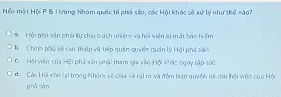 Nếu một Hội P & I trong Nhóm quốc tế phá sản, các Hội khác sẽ xử lý như thế nào?
a. Hội phá sản phải tự chịu trách nhiệm và hội viên bị mất bảo hiếm
b. Chính phủ sẽ can thiệp và tiếp quản quyển quản lý Hội phá sản
c. Hội viên của Hội phá sản phải tham gia vào Hội khác ngay lập tức
d. Các Hội còn lại trong Nhóm sẽ chia sé rúi ro và đảm bảo quyền lợi cho hội viên của Hội
phá sản