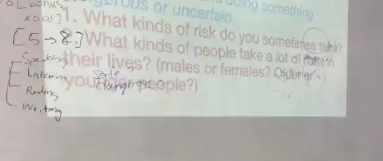 ous or uncertain.
What kinds of risk do you sometimes take?
3What kinds of people take a lot
ir lives? (males or females? Okleptera.
largersapple?)