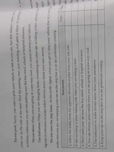 Do not park: Surely, you want to park your vehicle as fast as you can, but that doesn't mean jo, your car on the side of the road. Find the parking near your building and park it there. If paricis, available, make sure you are not parking near the bus stand, school, or hospital entrance.
Do not drive: When you are going on a one-way road, you cannot reverse your vehicle.
Use indicators: When you are changing lanes, overtaking the other can or taking a turn, always mathrm(Ng) signals or indicators to make follow drivers know about your man oeuvre
Do not cross the stop lines: As the traffic signal, when you get to stop your vehicle due to a red s make sure you are not keeping your car on the stop line or on the pedestrian crossing.

 multicolumn(1)(|c|)( Statements ) & True & Fis 
 1. Allow the traffic from the opposite direction to pass from your left side. & & 
 2. Always keep to your turning side when you are taking a tum. & & 
 3. Don't park your car near the bus stand, school, or hospital entrance. & & 
 4. You can reverse your vehicle when you are going on a one-way road. & & 
 5. Use indicators to make drivers know about your manoeuvre. & & 
 6. Keep your car on the stop line or on the pedestrian crossing. & &