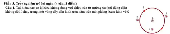 Phần 3. Trắc nghiệm trả lời ngắn (4 câu, 2 điểm)
Câu 1. Tại điểm nào có kí hiệu không đúng với chiều của từ trường tạo bởi dùng điện
không đổi I chạy trong một vòng dây dẫn hình tròn nằm trên mặt phẳng (xem hình vẽ)?