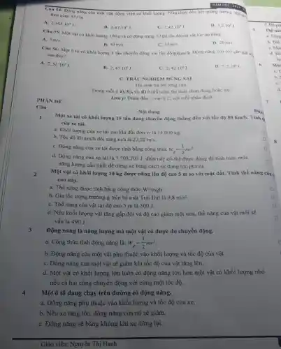 PHÀN ĐỀ
Câu
Câu 54: Động nǎng của một vận động viên có khối lượng 70 kg chạy đều hết quãng đường 400 ml
thời gian 45 s là
A. 2,765cdot 10^3
B. 2,47cdot 10^5J
C. 2,42cdot 10^9J
D. 3,2cdot 10^6J
Câu 55: Một vật có khối lượng 100g và có động nǎng 5.J thì tốc độcủa vật lúc đó bằng
A. 5m/s
B. 10m/s
C. 15m/s
D. 20m/s
Câu 56: Một ô tô có khối lượng 1 tấn chuyển động với tốc độ
80km/h Động nǎng của ôtô gần giá trị
sau đây?
A.
2,52cdot 10^4J
B. 2,47cdot 10^5J
C. 2,42cdot 10^6J
D. 3,2cdot 10^6J
C. TRÁC NGHIEM ĐÚNG SAI
Thí sinh trả lời từng câu.
Trong mỗi ý a),b), c), d) ở mỗi câu, thí sinh chọn đúng hoặc sai.
Lưu ý: Đánh dấu Dvào ô D với mỗi nhận định
Nội dung
1
Một xe tải có khối lượng 15 tấn đang chuyển động thẳng đều với tốc độ 80km/h Tính a
của xe tải.
a. Khối lượng của xe tải sau khi đồi đơn vị là 15.000 kg.
b. Tốc độ 80km/h đôi sang m/s là 22,22m/s
square 
C. Động nǎng của xe tải được tính bằng công thức W_(d)=(1)/(2)mv^2
square 
d. Động nǎng của xe tải là 3 .703.703 J, điều này có thể được dùng để tính toán mức
nǎng lượng cần thiết để dừng xe bằng cách sử dụng lực phanh.
D D
2
Một vật có khối lượng 10 kg được nâng lên độ cao 5 m so với mặt đất. Tính thế nǎng của
cao này.
a. Thế nǎng được tính bằng công thức W=mgh
D square 
b. Gia tốc trọng trường g trên bề mặt Trái Đất là 9,8m/s^2
square 
C. Thế nǎng của vật tại độ cao 5 m là 500 J.
d. Nếu khối lượng vật tǎng gấp đôi và độ cao giảm một nửa, thế nǎng của vật mới sẽ
vẫn là 490 J.
3
Động nǎng là nǎng lượng mà một vật có được do chuyển động.
a. Công thức tính động nǎng là: W_(d)=(1)/(2)mv^2
b. Động nǎng của một vật phụ thuộc vào khối lượng và tốc độ của vật.
C. Động nǎng của một vật sẽ giảm khi tốc độ của vật tǎng lên.
d. Một vật có khối lượng lớn luôn có động nǎng lớn hơn một vật có khối lượng nhỏ
nếu cả hai cùng chuyển động với cùng một tốc độ.
4
Một ô tô đang chạy trên đường có động nǎng.
a. Động nǎng phụ thuộc vào khối lượng và tốc độ của xe.
b. Nếu xe tǎng tốc, động nǎng của nó sẽ giảm.
C. Động nǎng sẽ bằng không khi xe dừng lại.
Giáo viên: Nguyễn Thị Hạnh
5
Đún
7
d. Đề già
b. Thế
C. Mot
d. Để
Một
a. T
b.
C.
d.
8