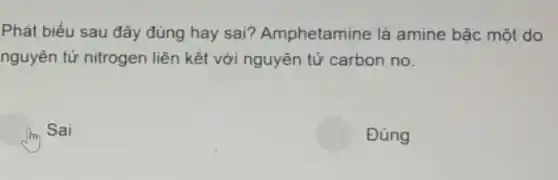 Phát biểu sau đây đúng hay sai?Amphetamine là amine bậc một do
nguyên tử nitrogen liên kết với nguyên tử carbon no.
Sai
Đúng