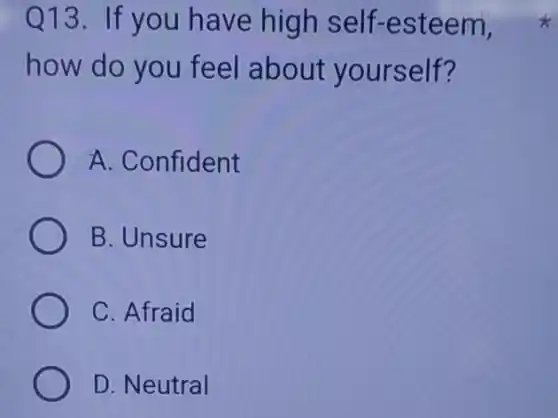 Q13. If you have high self -esteem
how do you feel about yourself?
A. Confident
B. Unsure
C. Afraid
D. Neutral