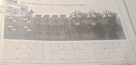 Quan sát bức tranh và viết các phép nhân thích hợp:
square 
x
square 
:
square  square times square =square  square times square =square 
square 
x
square  square  square times square =square 
square times square =square