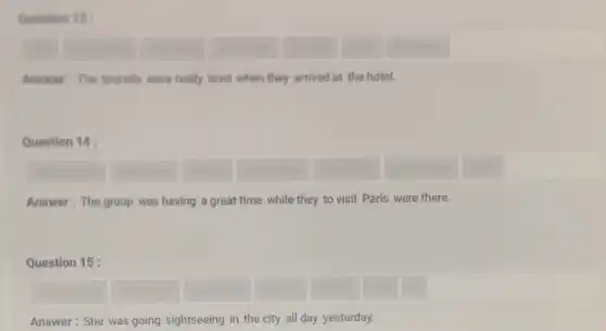 Question 13:
Answer: The tourists were really tired when they arrived at the hotel.
Question 14:
to visit
Answer: The group was having a great time while they to visit Paris were there.
Question 15:
square 
Answer: She was going sightseeing in the city all day yesterday.