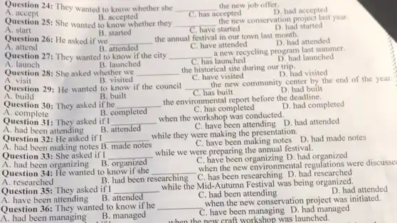 Question 24: They wanted to know whether she __ the new job offer.
D. had accepted
A accept
B. accepted
C. has accepted
Question 25: She wanted to know whether they __
the new conservation project last year.
D. had started
A. start
B. started
C. have started
Question 26: He asked if we __
the annual festival in our town last month.
D. had attended
C. have attended
A. attend
B. attended
Question 27: They wanted to know if the city __
a new recycling program last summer.
D. had launched
A. launch
B. launched
C. has launched
Question 28: She asked whether we __
the historical site during our trip.
D. had visited
C. have visited
B. visited
Question 29: He wanted to know if the council
A. visit
__
the new community center by the end of the year
C. has built
D. had built
A. build
B. built
Question 30: They asked if he __
the environmental report before the deadline.
D. had completed
B. completed
C. has completed
A. complete
Question 31: They asked if I __
when the workshop was conducted.
C. have been attending D. had attended
B. attended
A. had been attending
Question 32: He asked if I __
while they were making the presentation.
A. had been making notes B made notes
C. have been making notes D. had made notes
Question 33: She asked if I __
while we were preparing the annual festival.
C. have been organizing D. had organized
A. had been organizing
B. organized
Question 34: He wanted to know if she __
when the new environmental regulations were discusse
B. had been researching C. has been researching D. had researched
A. researched
Question 35: They asked if I __
while the Mid-Autumn Festival was being organized.
D. had attended
C. had been attending
A. have been attending
B. attended
Question 36: They wanted to know if he __
when the new conservation project was initiated.
A. had been managing
B. managed
....
C. have been managing D. had managed
when the new craft workshop was launched.