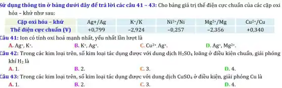 Sử dụng thông tin ở bảng dưới đây để trả lời các câu 41-43: Cho bảng giá trị thế điện cực chuẩn của các cặp oxi
hóa - khử như sau:
Câu 41: Ion có tính oxi hoá mạnh nhất yếu nhất lần lượt là
A. Ag^+,K^+
B. K^+,Ag^+
C. Cu^2+,Ag^+
D. Ag^+,Mg^2+
Câu 42: Trong các kim loại trên, số kim loại tác dụng được với dung dịch H_(2)SO_(4) loãng ở điều kiện chuẩn , giải phóng
khí H_(2) là
A. 1.
B. 2.
C. 3.
D. 4.
Câu 43: Trong các kim loại trên, số kim loại tác dụng được với dung dịch CuSO_(4) ở điều kiện, giải phóng Cu là
A. 1.
B. 2.
C. 3.
D. 4.