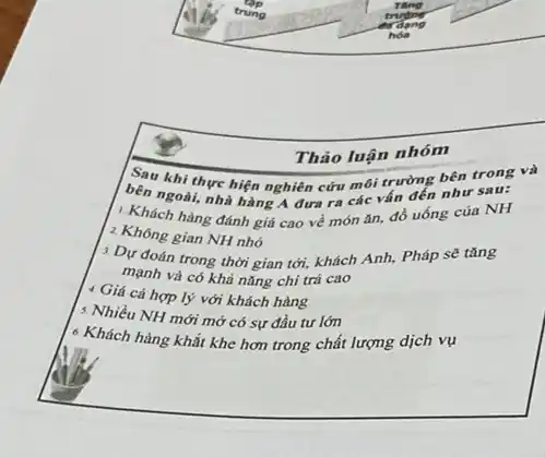 Sau khi thực hiện nghiên cứu môi trường bên trong và
bên ngoài, nhà hàng A đưa ra các vấn đến như sau:
: Khách hàng đánh giá cao về món ǎn,đồ uống của NH
2 Không gian NH nhỏ
3.Dự đoán trong thời gian tới, khách Anh,Pháp sẽ tǎng
mạnh và có khả nǎng chi trả cao
4 Giá cả hợp lý với khách hàng
1. Nhiều NH mới mở có sự đầu tư lớn
6.Khách hàng khắt khe hơn trong chất lượng dịch vụ
Thảo luận nhóm