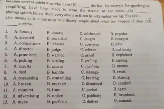 because several celebrities who have (10)
__ the law, for example for speeding or
shoplifting,have been made to clean
the streets.At the same (11) __
photographers follow them everywhere so it can be very embarrassing.The (12)
__
also means it is a warning to ordinary people about what can happen if they (13)
__ a crime.
1. A famous
B. known
C. celebrated
D. popular
A. arrested
B. convicted
C. caught
D. charged
3.A . occupations
B. labours
C. exercises
D. jobs
4.A. director
B. judge
C. referee
D. authority
5.A. promised
B. warned
C. asked
D. explained
6.A. picking
B. cutting
C. pulling
D. saving
7.A. results
B. causes
C. involves
D. means
8. A. deal
B. handle
C. manage
D.treat
9.A . possessing
B. controlling
C. keeping
D. storing
10.A broken
B. cracked
C. dismissed
D. crashed
11. A.moment
B. time
C. period
D. term
12.A.advertising
B. notice
C. publicity
D. broadcast
13. A. make
B. perform
C. deliver
D. commit