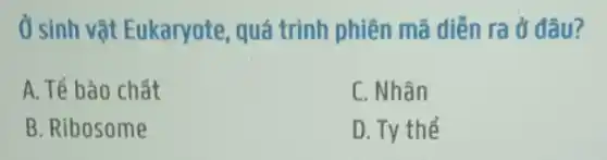 Ở sinh vật Eukaryote, quá trình phiên mã diễn ra ở đâu?
A. Tế bào chất
C. Nhân
B. Ribosome
D. Ty thể