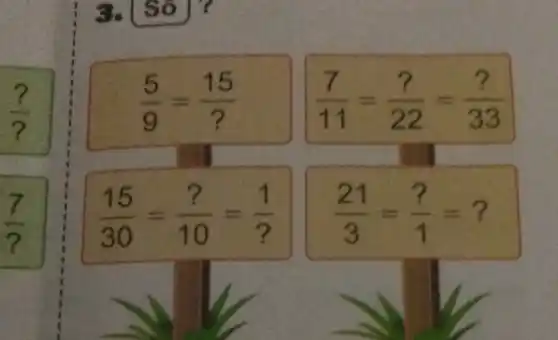 square 
(7)/(?)
3. [ Số ] ?
(5)/(9)=(15)/(?) (7)/(11)=(?)/(22)=(?)/(33)
II
(15)/(30)=(?)/(10)=(1)/(?) (21)/(3)=(?)/(1)=?