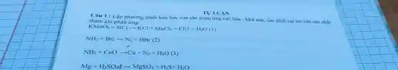 TƯ' LUÂN
Câu 1 : Lập phương trình hóa h Qc của các phải lứng oxi hó a - khử sau, xác : định vai trò của các chất th am gia ph phươn
KMnO_(4)+HClarrow KCl+MnCl_(2)+Cl_(2)uparrow +H_(2)O(l)
NH_(3)+Br_(2)arrow N_(2)+HBr(2)
NH_(3)+CuOarrow Cu+N_(2)+H_(2)O(3)
Mg+H_(2)SO_(4)darrow MgSO_(4)+H_(2)S+H_(2)O