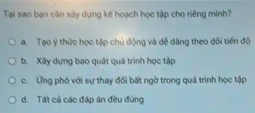 Tai sao ban can xây dựng kể hoạch học tập cho riêng minh?
a. Taoy thure hoc tập chu động và dề dàng theo dồi tiền độ
b. Xây dung bao quát quả trình học tập
c. Ung phó voi sự thay đổi bất ngờ trong quá trình học tập
d. Tat cácác đáp án đều đùng