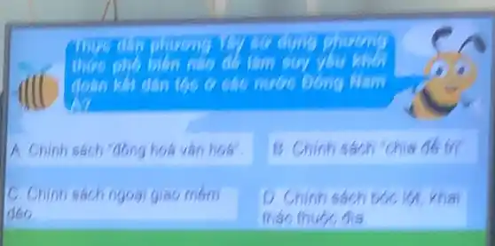 thức pho
doin her dân tóc tr các motor
A. Chinh sách "đồng hoá vǎn hoá
B. Chinh sách chia as tri
C. Chinh sách ngoại giao mem
deo
D. Chinh sách bóc
mác