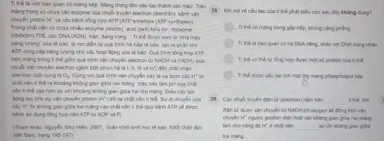 Ti thể là một bào quan cỏ màng kép Màng tron g lõm sâu tạo thành các mào Trên
màng trong có chứa a các enzyme của chuỗi truver electron (êlectrôn ), kênh vận
chuyển proton H^+ và các : kênh tổng hợp ATP (ATP sintetaza (ATP synthase))
Trong chất nền có chứa nhiều enzyme (enzim). acid (ax it) hữu cơ ribosome
(ribôxôm)70S, các DNA (ADN)trần, dạng vòng...Ti thể được : xem là "nhà máy
nǎng lượng của tế bào là nơi diễn ra quá trình hô hấp tế bào , tạo ra phần lớn
ATP cung cấp nǎn g lượng cho các hoạt động của tế bào Quá trìn h tổng hợp ATP
trên màng trong ti thể gồm quá trình vận chuyểr electron từ NADH và FADH_(2) qua
chuỗi vận chuyển electron (gồm bốn phức hệ là II, III và IV đến chất nhận
electr on cuối cùn g là O_(2) . Cùng với quá trình vận chuyển này là sự bơm các H^+ từ
chất nền ti thể ra khoảng không gian giữa h lai màng. Việc này làm pr + của chất
nền ti thể cao hơn so với khoản g không gian giữa hai lớp màng. Điều này tạo
đông lực cho sự vân chuyể n proton (H ) trở lại chất nền ti thể Sự di ch uyển của
các H^+ từ không giar giữa hai màng vào chất nền ti thể qua kênh ATP sẽ được
kênh sử dụng tổng hợp nên A TP từ ADI P và P_(i)
(Tham khảo : Nguyễn Như Hiền 2007. Giáo trình sinh học tế bào NXB Giáo dục
Việt Nam, trang 195-197
28 Kh i nói về cấu tạo của ti thẻ phát biểu nào sau đây không đúng?
Ti thể có mà ng trong gấp nếp , không cǎr g phẳng.
Ti the là bào quan có hệ DNA riêng , khác với DNA tron nhân.
Ti thể có thể tự tổng hợp được mộ số protein của ti thể.
Ti thể được cấu tạo bởi một lớp màng phospholip id kép.
29 Cá c chuỗi truyền điện tử (electron)nằm trên __ ti thể. Khi
điện tử được vận chuyển tử NADH tới oxygen sẽ đồng thời vận
chuyển H^+ ngược gradien điện hoá vào không gia n giữ a hai màng
làm cho nồng độ H^+acute (o) chất nền __ so với không giar giữa
hai màng