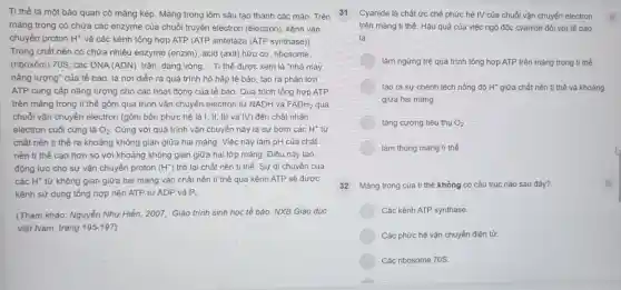 Ti thể là môt bào quan cỏ màng kép. Màng trong lõm sâu tạo thành các mào. Trên 31
màng trong có chứa các enzyme của chuỗ truyền electron (êlectrôn), kênh vận
chuyển proton H^+ và các kênh tổng hợp ATP (ATP sintetaza (ATP synthase))
Trong chất nền có chứa nhiều enzyme (enzim), acid (axit) hữu co, ribosome
(ribôxôm) 70S, các DNA (ADN) trần , dạng vòng... Tỉ thể được xem là "nhà máy
nǎng lượng" của tế bào, là nơi diễn ra quá trình hô hấp tế bào, tạo ra phần lớn
ATP cung cấp nǎng lượng cho các hoạt động của tế bào Quá trình tổng hợp ATP
trên mảng trong ti thể gồm quá trình vận chuyển electron từ NADH và FADH_(2) qua
chuỗi vận chuyển electron (gồm bốn phức hệ là I, II,III và IV) đến chất nhân
electron cuối cùng là O_(2) . Cùng với quá trình vận chuyển này là sự bơm các H^+
chất nền ti thể ra khoảng không gian giữa hai màng. Việc này làm pH của chất
nền ti thể cao hơn so với khoảng không gian giữa hai lớp màng. Điều này tạo
động lực cho sự vận chuyển proton (H^+) trở lại chất nền ti thể. Sự di chuyển của
các H^+ từ không gian giữa hai màng vào chất nền ti thể qua kênh ATP sẽ được
kênh sử dụng tổng hợp nên ATP từ ADP và P_(i)
(Tham khảo: Nguyễn Như Hiền, 2007, Giáo trình sinh học tế bào. NXB Giáo dục
Việt Nam, trang 195-197
Cyanide là chất ức chế phức hệ IV'của chuỗi vận chuyển electron jil
trên mảng tỉ thể . Hậu quả của việc ngộ độc cyanide đố với tế bào
là
làm ngừng trệ quá trình tổng hợp ATP trên mảng trong ti thể.
tạo ra sự chênh lệch nồng độ H^+ giữa chất nền ti thể vả khoảng
giữa hai màng
tǎng cường tiêu thụ O_(2)
làm thủng màng ti thể.
32 Màng trong của ti thể không có cấu trúc nào sau đây?
Các kênh ATP synthase.
Các phức hệ vận chuyển điện tử.
Các ribosome 70S.