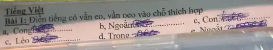 Tiếng Việt
Bài 1: Điền tiếng có vần eo, vần oeo vào chỗ thích hợp
Congress __
b, Ngoằng __
c,Con.
c. Lẻo
d. Trongs ACC