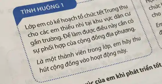 TÌNH HUỐNG 1
Lớp em có kế hoạch tổ chức tết Trung thu
cho các em thiếu nhi tai khu vực dân cư
gần trường. Để làm được điều này cần có
sự phối hợp của cộng đồng địa phương.
Là một thành viên trong lớp em hãy thu
hút cộng đồng vào hoạt động này.
__
c của em khi phát triển tốt