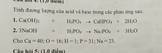 Tính đương lượng của acid và base trong các phản ứng sau:
1 Ca(OH)_(2)+H_(3)PO_(4)arrow CaHPO_(4)+2H_(2)O
2 3NaOH+H_(3)PO_(4)arrow Na_(3)PO_(4)+3H_(2)O
Cho Ca=40;O=16;H=1;P=31;Na=23
Câu hỏi 5: (1.0 điểm)