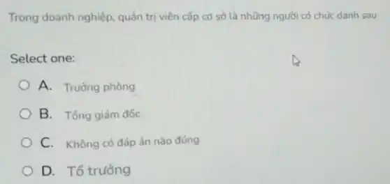 Trong doanh nghiệp quản trị viên cấp cơ sở là những người có chức danh sau
Select one:
A. Trường phòng
B. Tổng giám đốc
C. Không có đáp án nào đúng
D. Tổ trưởng