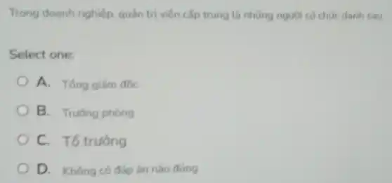 Trong doanh nghiệp, quản trị viên cấp trung là những nguồi có chức danh sau
Select one:
A. Tóng giám đốc
B. Trường phòng
C. Tổ trường
D. Không có đáp án nào đúng