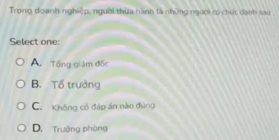 Trong doanh nghiệp.người thừa hành là những người có chức danh sau
Select one:
A. Tổng giám đốc
B. Tổ trưởng
C. Không có đáp án nào đúng
D. Trường phòng