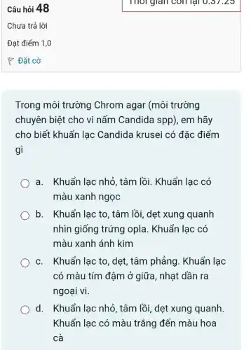 Trong môi trường Chrom agar (môi trường
chuyên biệt cho vi nấm Candida spp), em hãy
cho biết khuẩn lac Candida krusei có đặc điểm
gi
a. Khuẩn lac nhỏ, tâm lồi . Khuẩn lạc có
màu xanh ngọc
b. Khuẩn lac to , tâm lồi, dẹt xung quanh
nhìn giống trứng opla. Khuẩn lạc có
màu xanh ánh kim
c. Khuẩn lac to , dẹt, tâm phẳng . Khuẩn lạc
có màu tím đậm ở giữa, nhạt dần ra
ngoại vi.
d. Khuẩn lac nhỏ, tâm lồi, dẹt xung quanh
Khuẩn lạc có màu trắng đến màu hoa
cà