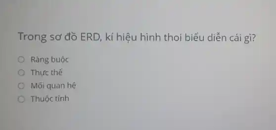 Trong sơ đồ ERD, kí hiệu hình thoi biểu diễn cái gì?
Ràng buộc
Thực thể
Mối quan hệ
Thuộc tính