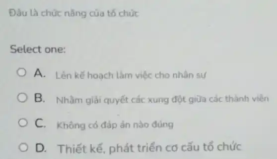 Đâu là chức nǎng của tổ chức
Select one:
A. Lên kế hoach làm việc cho nhân sư
B. Nhằm giải quyết các xung đột giữa các thành viên
C. Không có đáp án nào đúng
D. Thiết kế, phát triển cơ cấu tổ chức