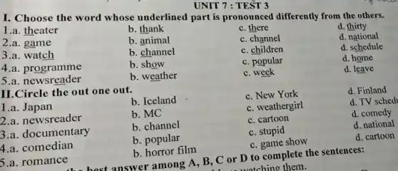 UNIT 7 : TEST 3
I. Choose the word whose underlined part is pronounced differently from the others.
1.a. theater
b. thank
c. there
d thirty
2.a. game
b. animal
c. channel
d. national
3.a. watch
b. channel
c. children
d. schedule
4.a. programme
b. show
c. popular
d. home
5.a. newsreader
b. weather
c. week
d. leave
II.Circle the out one out.
1.a. Japan
b. Iceland
c. New York
d. Finland
2.a. new sreader
b. MC
c. weathergirl
d. TV sched
3.a. documentary
b. channel
c. cartoon
d. comedy
4.a. comedian
b. popular
c. stupid
d. national
c. game show
d. cartoon
5.a. romance
b. horror film