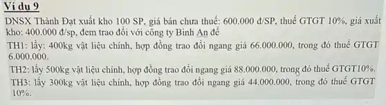 Ví du 9
DNSX Thành Đạt xuất kho 100 SP, giá bán chưa thuế: 600.000d/SP thuế GTGT 10%  giá xuất
kho: 400.000d/sp đem trao đổi với công ty Bình An đề
TH1: lấy: 400kg vật liệu chính, hợp đồng trao đổi ngang giá 66.000.000, trong đó thuế GTGT
6.000 .000 .
TH2: lấy 500kg vật liệu chính, hợp đồng trao đổi ngang giá 88.000.000, trong đó thuế GTGT 10% 
TH3: lấy 300kg vật liệu chính, hợp đồng trao đổi ngang giá 44.000.000 trong đó thuế GTGT