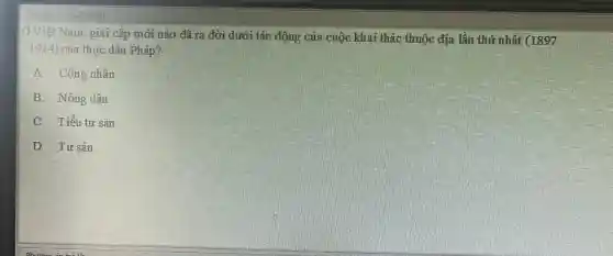 Ở Việt Nam, giai cấp mới nào đã ra đời dưới tác động của cuộc khai thác thuộc địa lần thứ nhất (1897
-1914) của thực dân Pháp?
A. Công nhân
B. Nông dân
C. Tiểu tư sản
D. Tư sản