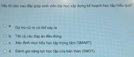 Yếu tố nào sau đây giúp sinh viên đại học xây dựng kế hoạch học tập hiệu quả?
a. Dựtrù rủi ro có thể xảy ra
b. Tất cả các đáp án đều đúng
c. Xác định mục tiêu học tập trọng tâm (SMART)
d. Đánh giá nǎng lực học tập của bản thân (SWOT)