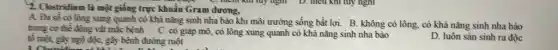 1. Clostridium là một giống trực khuẩn Gram dương.
A. Đa số có lòng xung quanh cỏ khà nǎng sinh nha bào khi môi trường sống bất lợi. B.không cỏ lông, có khả nǎng sinh nha bào
trong cơ thể động vật mắc bệnh . C.có giáp mô, có lông xung quanh cỏ khả nǎng sinh nha bào
tô nji, gày ngọ độc, gây bệnh đường ruột
D. luôn sàn sinh ra độc