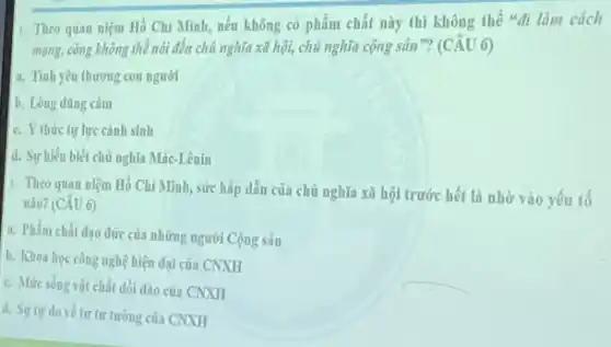 1. Theo quan niệm Hồ Chí Minh, nếu không có phẩm chất này thì không thê "đi làm cách
mạng, càng không thể nói đến chủ nghĩa xã hội, chủ nghĩa cộng sản"? (CÂU 6)
a. Tình yêu thương con người
b. Lòng dũng cảm
c. Y thức tự lực cánh sinh
d. Sự hiểu biết chủ nghĩa Mác-Lênin
1. Theo quan niệm Hồ Chí Minh, sức hấp dẫn của chủ nghĩa xã hội trước hết là nhờ vào yếu tố
nào? (CÂU 6)
a. Phẩm chất đạo đức của những người Cộng sản
b. Khoa học công nghệ hiện đại của CNXH
c. Mức sống vật chất dồi dào của CNXH
d. Sự tự do về tư tư tưởng của CNXH