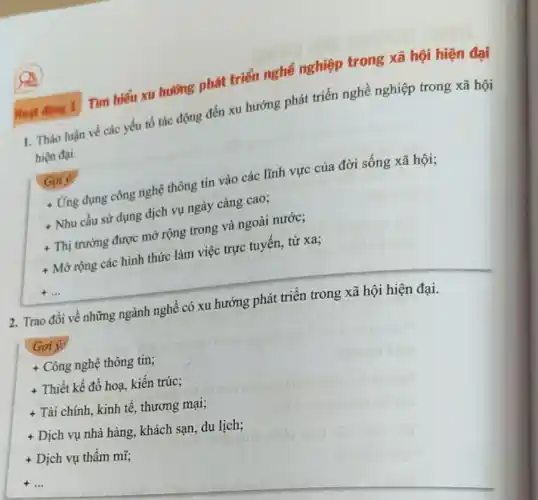 1. Thảo luận về các yếu tố tác động đến xu hướng phát triển nghề nghiệp trong xã hội
hiện đại.
Gọi ý
+ Ứng dụng công nghệ thông tin vào các lĩnh vực của đời sống xã hội;
+ Nhu cầu sử dụng dịch vụ ngày càng cao;
+ Thị trường được mở rộng trong và ngoài nước;
+ Mở rộng các hình thức làm việc trực tuyến, từ xa;
__
2. Trao đổi về những ngành nghề có xu hướng phát triển trong xã hội hiện đại.
Gọi v.
+ Công nghệ thông tin;
+ Thiết kế đồ hoạ, kiến trúc:
+ Tài chính, kinh tế, thương mại;
+ Dịch vụ nhà hàng, khách sạn, đu lịch;
+ Dịch vụ thẩm mĩ;
__
Hoạt động 1 Tìm hiểu xu hướng phát triển nghề nghiệp trong xã hội hiện đại