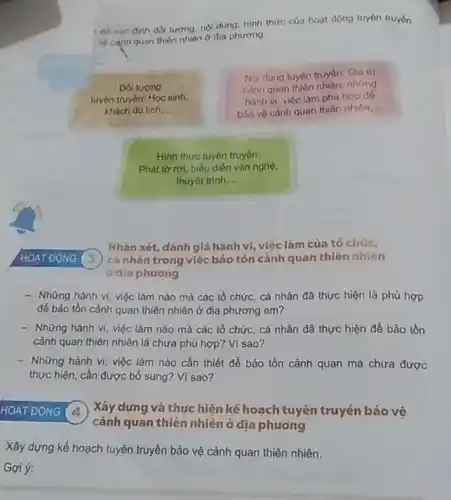 1 để xac dinh đối tượng, nội dung.hình thức của hoạt động tuyên truyền
ve canh quan thiên nhiên ở địa phương.
Dói tương
tuyên truyền: Học sinh,
khách du lich __
Hình thức tuyên truyền:
Phát tờ rơi, biểu diến vàn nghệ.
thuyết trinh __
Nhân xét, dánh giá hành vi, việc làm của tổ chức,
HOAT ĐỌNG (3) cá nhân trong việc bảo tón cảnh quan thiên nhiên
odja phương
- Những hành vi, việc làm nào mà các tổ chức, cá nhân đã thực hiện là phù hợp
đề bảo tồn cảnh quan thiên nhiên ở địa phương em?
- Những hành vi, việc làm nào mà các tổ chức, cá nhân đã thực hiện để bảo tồn
cảnh quan thiên nhiên là chưa phù hợp ? Vì sao?
- Những hành vi, việc làm nào cần thiết để bảo tồn cảnh quan mà chưa được
thực hiện, cần được bổ sung? Vì sao?
HOẠT ĐỘNG (4) Xây dựng và thực hiện kế hoạch tuyên truyền bảo vệ
cảnh quan thiên nhiên ở địa phương
Xây dựng kế hoạch tuyên truyền bảo vệ cảnh quan thiên nhiên.
Goi ý:
Noi dung tuyen truyền:Giá tri
cảnh quan thiên nhiên những
hành vi, việc làm phù hop để
bảo vệ cảnh quan thiên nhiên __