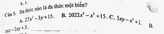 A. 1.
Câu 5. Đa thức nào là đa thức một biến?
A. 27x^2-3y+15
x=-2m+5
B.
2022x^3-x^2+15
. C.
5xy-x^3+1