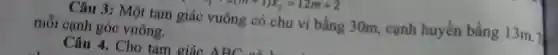1-(m+1)x_(2)=12m+2
Câu 3: Một tam giác vuông có chu vi bằng 30m , cạnh huyền bằng 13m.7
mỗi cạnh góc vuông.