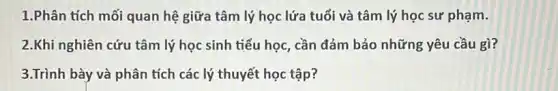 1.Phân tích mối quan hệ giữa tâm lý học lứa tuổi và tâm lý học sư phạm.
2.Khi nghiên cứu tâm lý học sinh tiểu học, cần đảm bảo những yêu cầu gì?
3.Trình bày và phân tích các lý thuyết học tập?