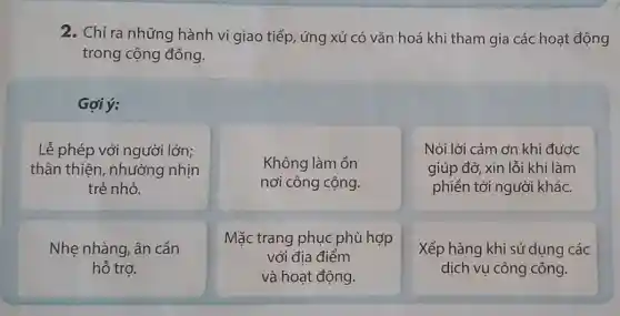 2. Chỉ ra những hành vi giao tiếp, ứng xử có vǎn hoá khi tham gia các hoạt động
trong cộng đồng.
Gơi ý:
Lễ phép với người lớn;
thân thiện, nhường nhịn
trẻ nhỏ.
Không làm ồn
nơi công cộng.
Nói lời cảm ơn khi được
giúp đỡ, xin lỗi khi làm
phiền tới người khác.
Nhẹ nhàng, ân cần
hỗ trợ.
Mặc trang phục phù hợp
với địa điểm
và hoạt động.
Xếp hàng khi sử dụng các
dịch vụ công cộng.