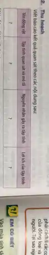 2. Thu hoạch
Viết báo cáo kết quả quan sát theo các nội dung sau:

 Tên động vật & Tập tính quan sát và mô tả & Nguyên nhân gây ra tập tính & Lợi ích của tập tính 
 ? & ? & ? & ?